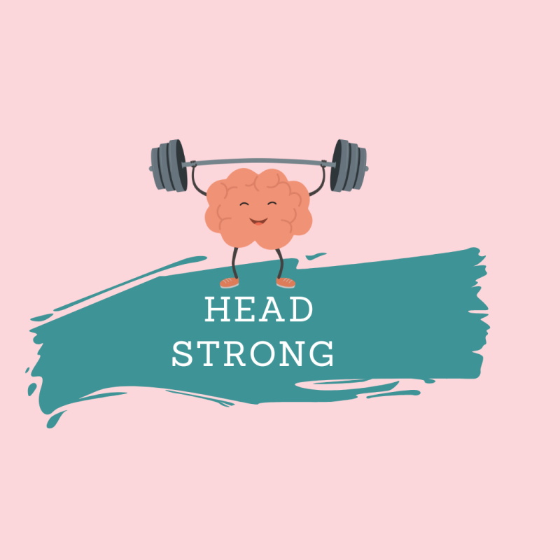 A brain lifting weights with "head strong" text.