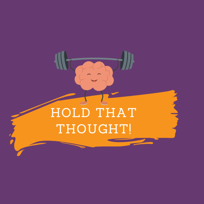 Brain lifting weights with "hold that thought" text.