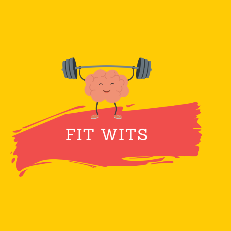 A brain lifting weights with "fit wits" text.