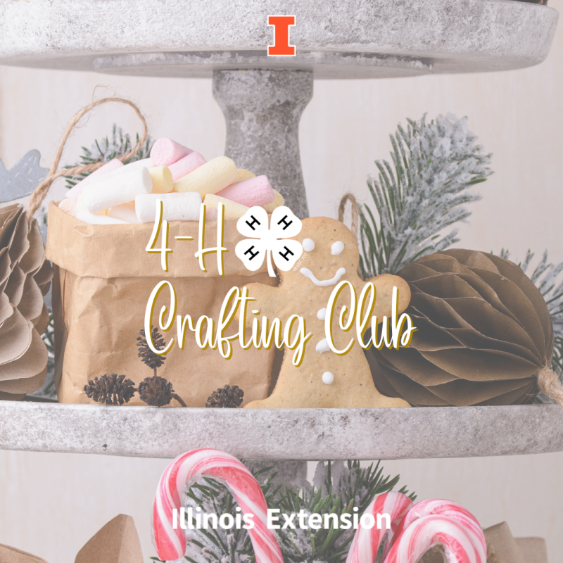Pedestal with crafting items including a gingerbread man, chalk, candy canes, and pine cones. Including text "4H Crafting Club"