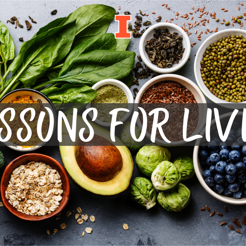Various types of superfoods laying on a dark background. Text in middles reads Lessons for Living
