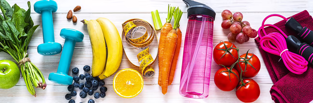 healthy living exercise, bananas, carrots, jumprope