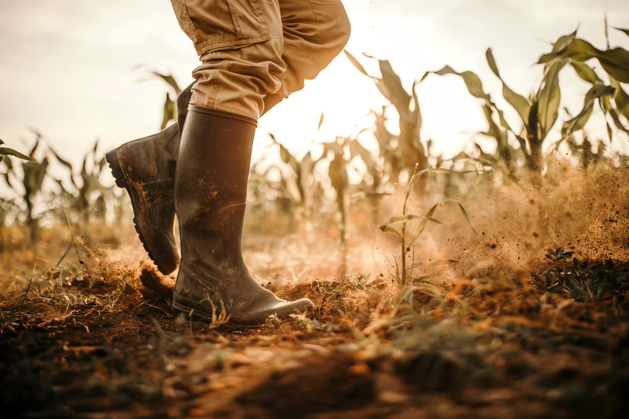 person walking in boots in dusty field of corn