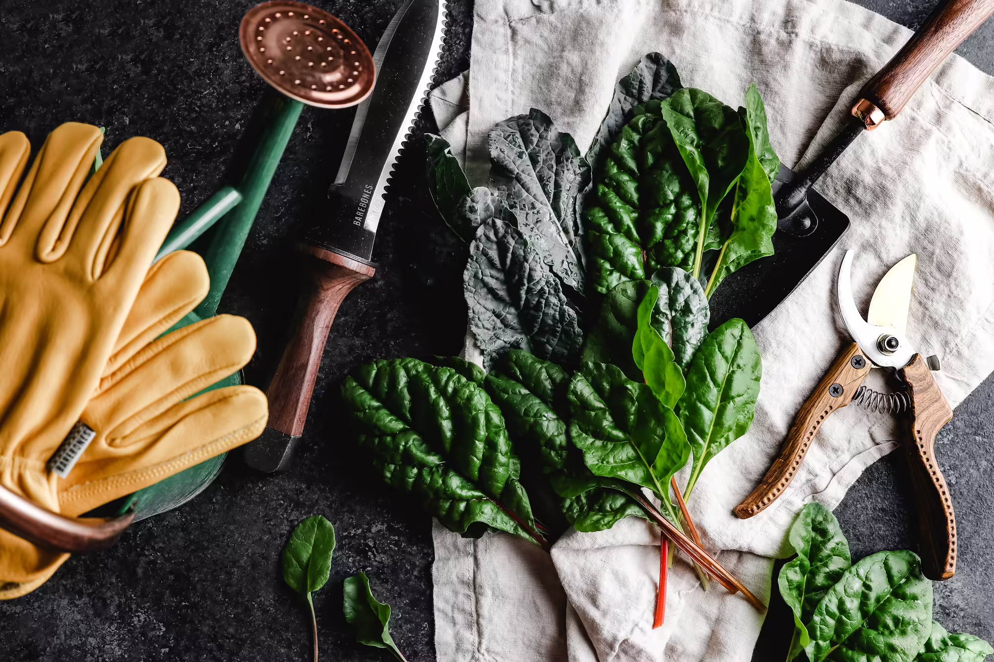 garden gloves, watering can, trowel, pruners, and leaves on a table
