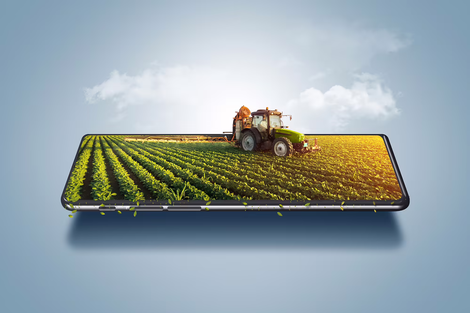 3d illustration of smart farming concept, tractor on a smartphone, farm online management ads, farming control technology online