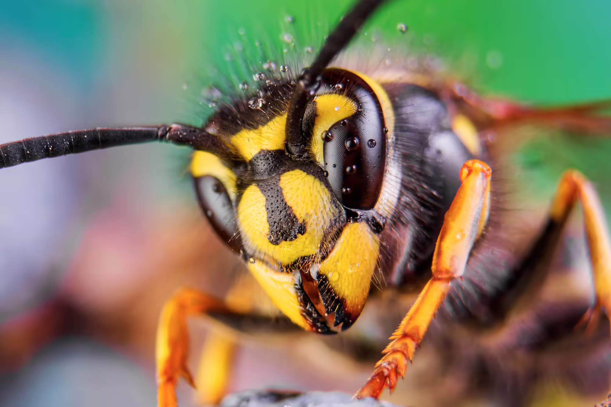 closeup of yellow and dark brown wasp face