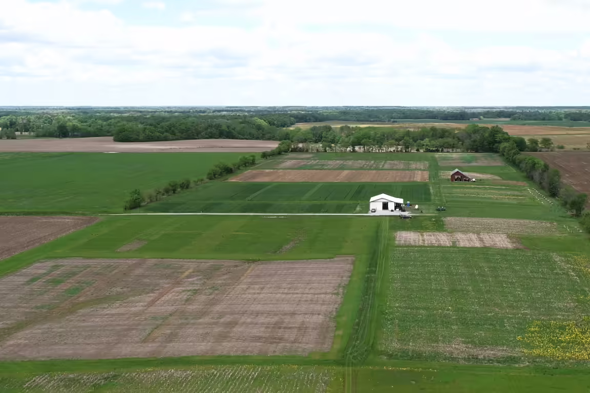 An aerial photo of a demonstration center agriculture field.