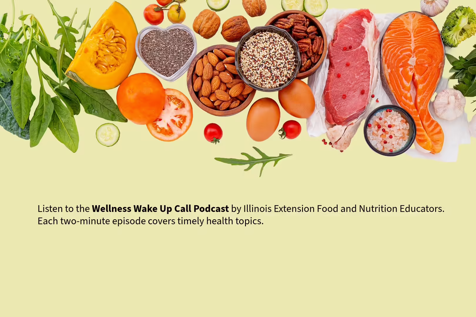assorted health foods like herbs, vegetables, nuts, grains