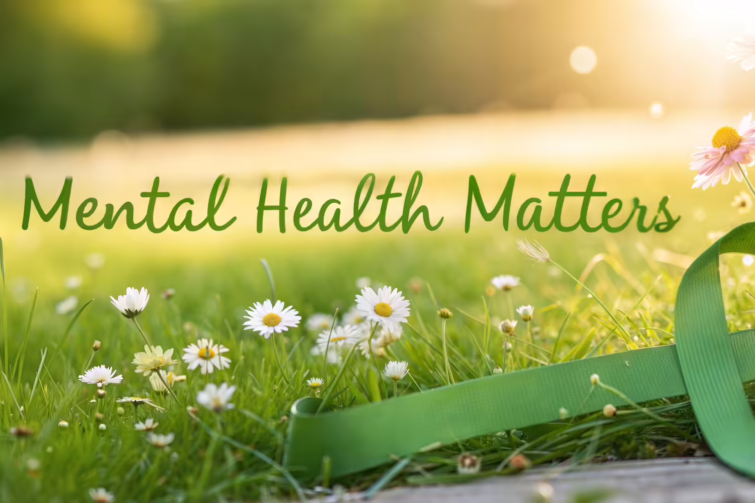 Grass with daisies in a sunrise with a green ribbon representing Mental Health.