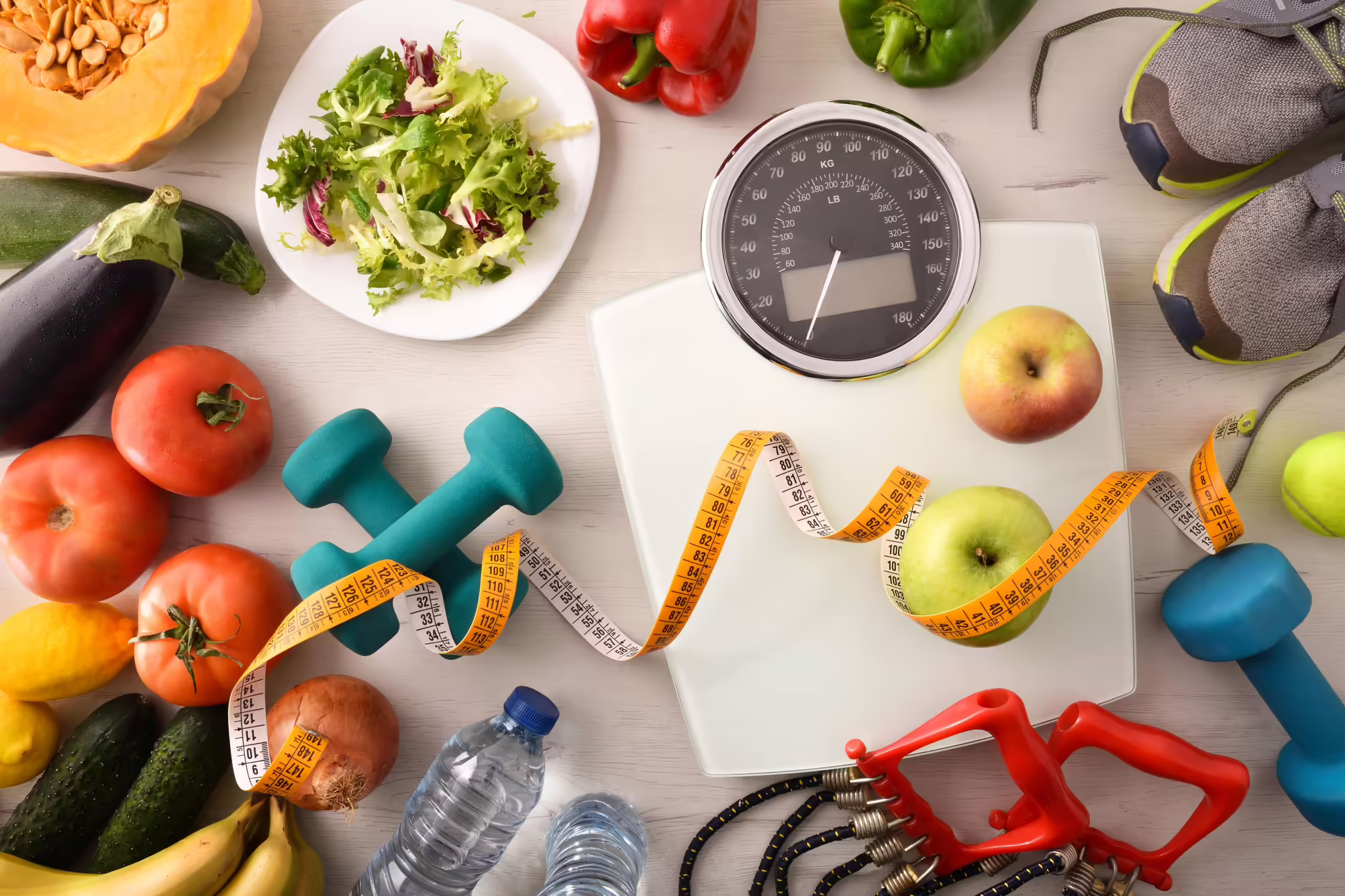 assorted wellness items including dumbells, scale, fruits, vegetables 