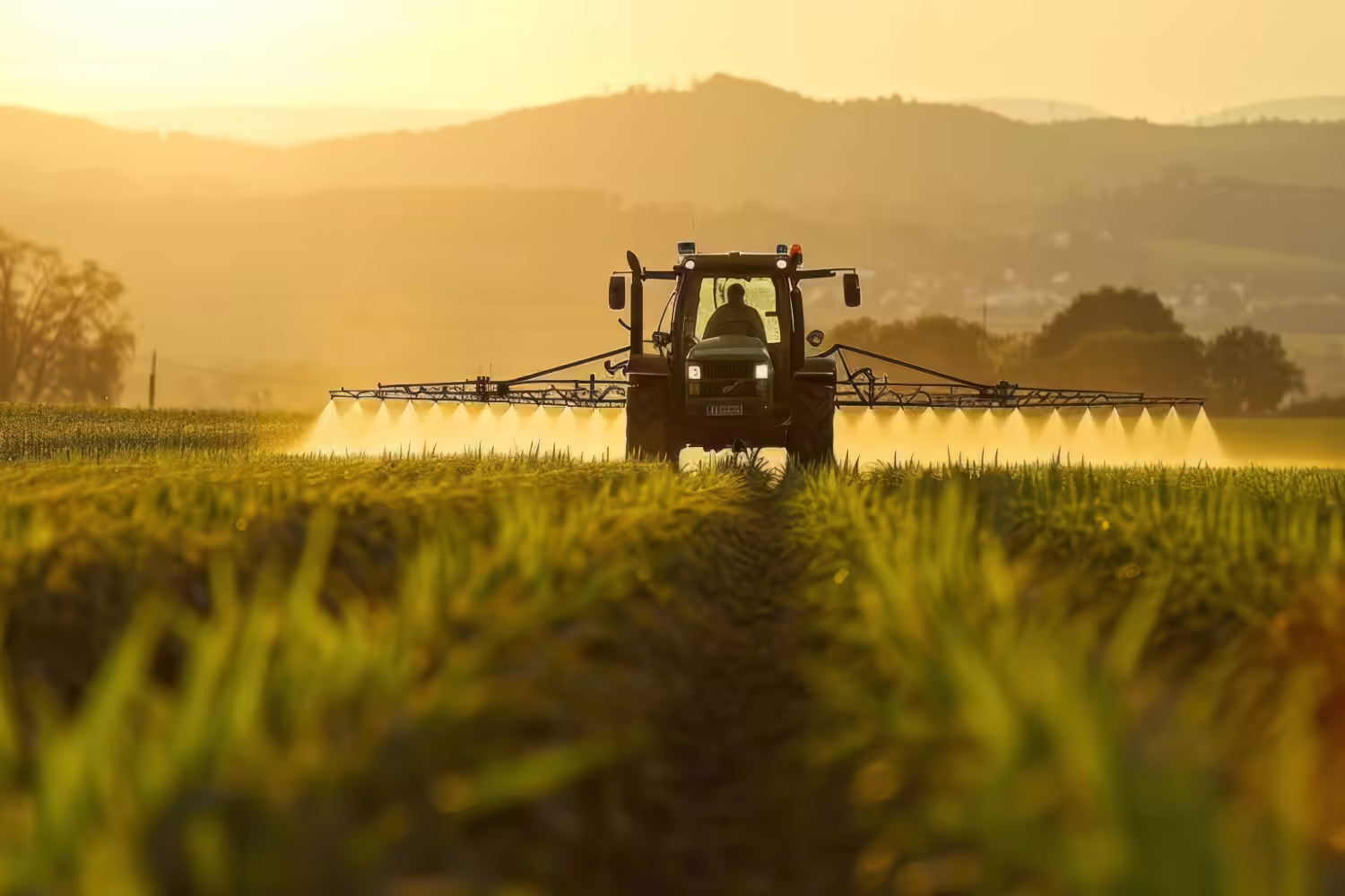 A sprayer driving down a field at sunset.