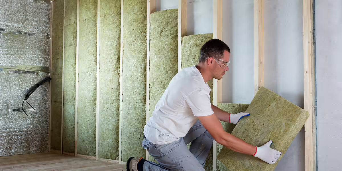 A man installs insulation in a wall