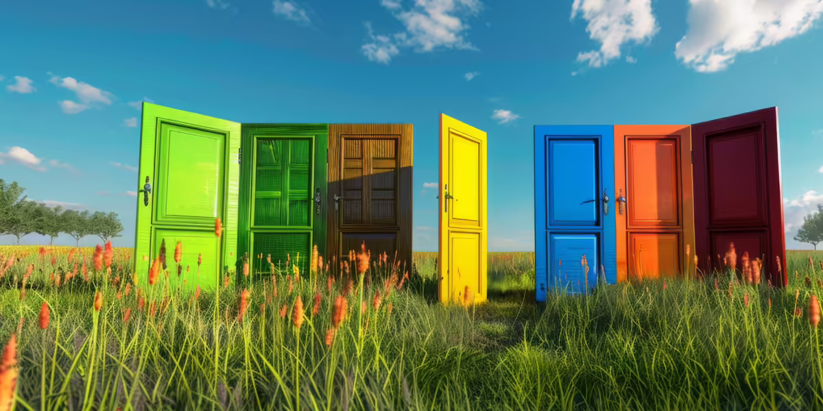 colorful doors lined up in a field