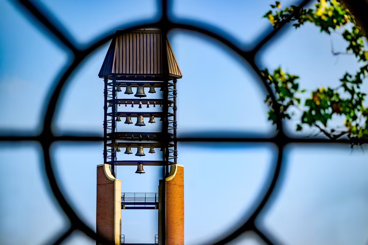 bell tower on ACES University of Illinois campus viewed through a window