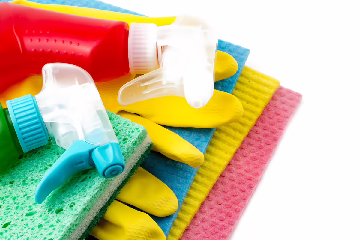 spray bottles, sponges, and reusable cloths