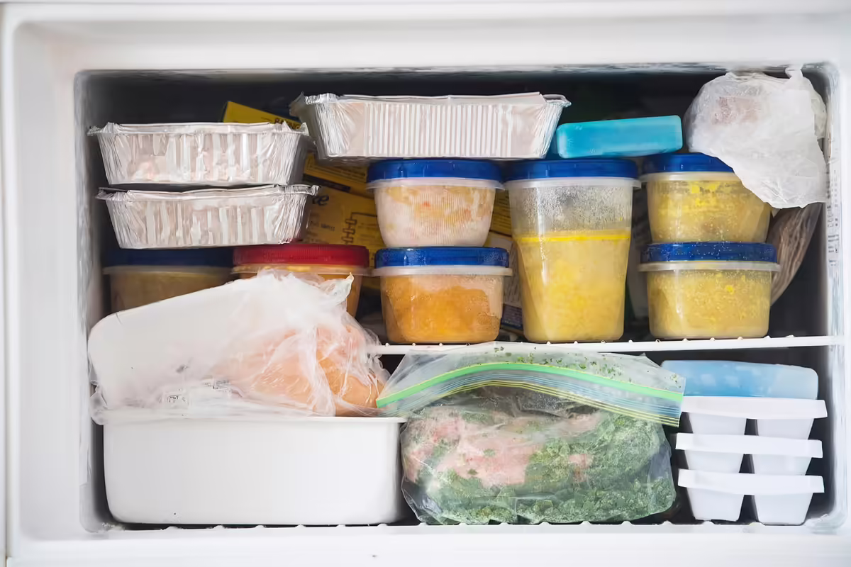 a freezer packed with chicken, soup and various frozen food