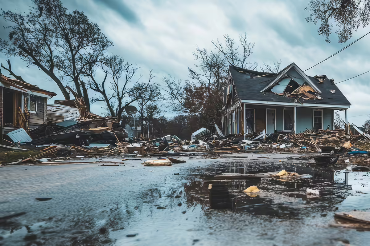 fdamaged home with flooded yard after a disaster
