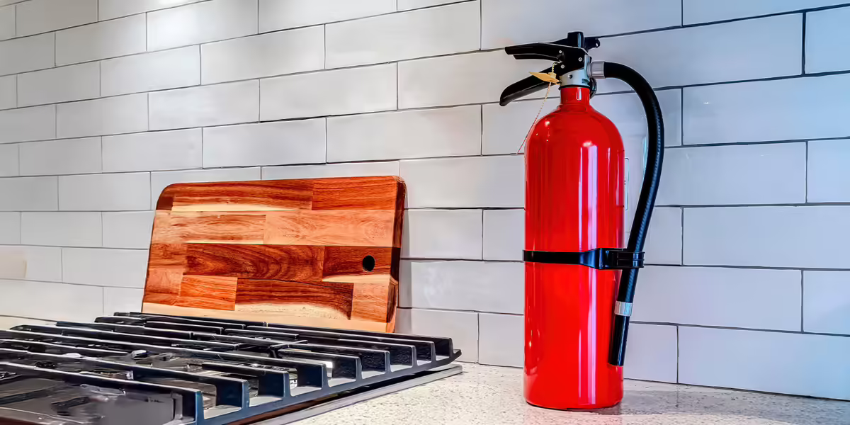 red fire extinguisher next to kitched stovetop