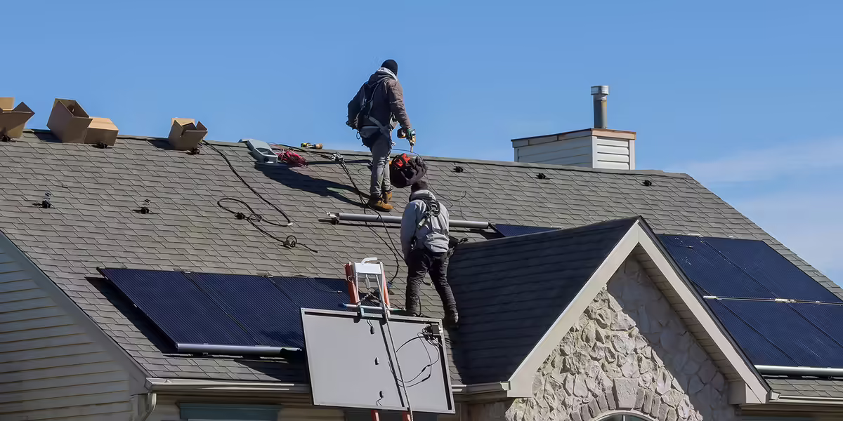 Workers on top of a home installing solar panels 