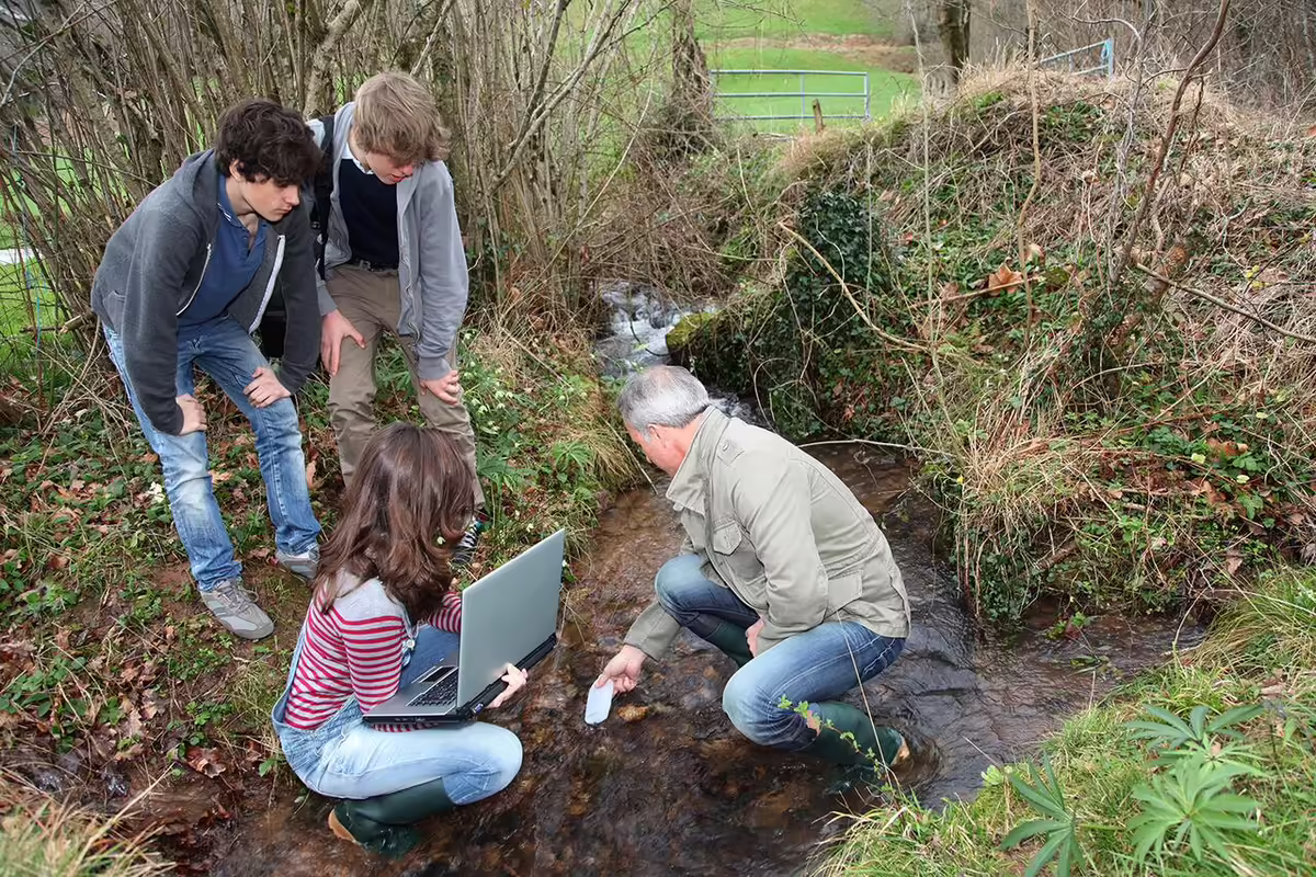 a group of students gather around a stream to examine it