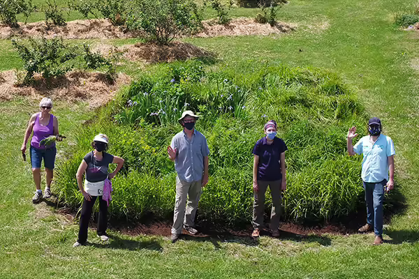 five people standing in a field with a rain landscape