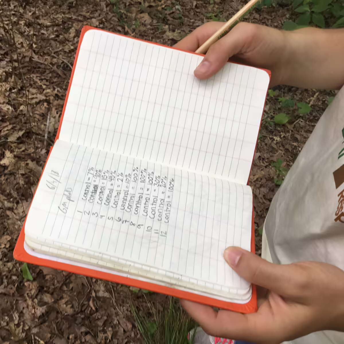 hands holding notebook open in the field showing research notes