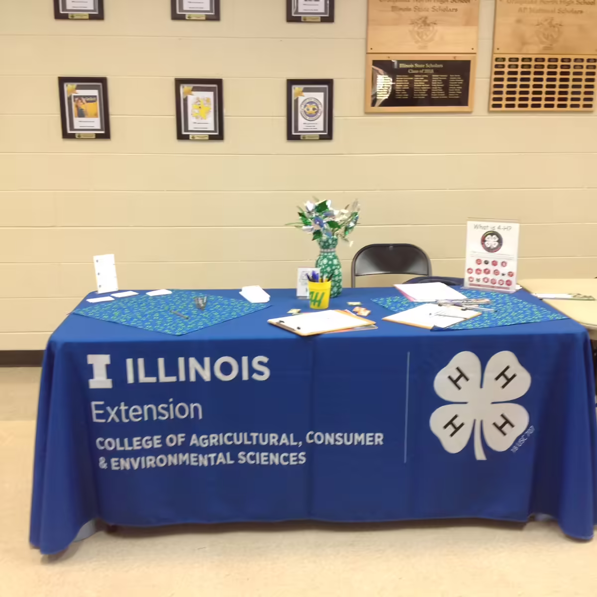 A table with 4-H tablecloth and information brochures on it 