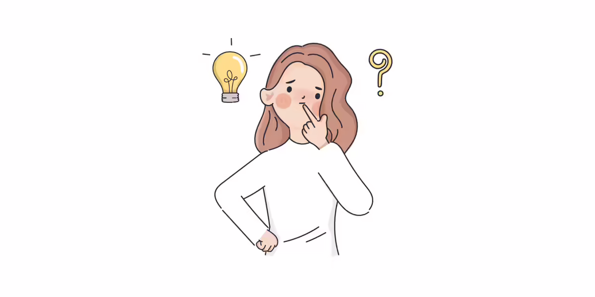 A cartoon woman with a finger to her mouth looking like she's thinking about something.