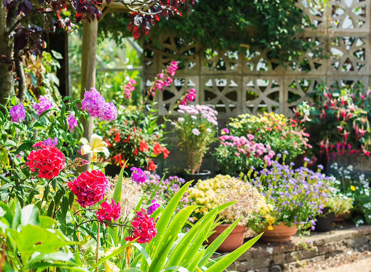 pots of container flowers mixed in the landscape