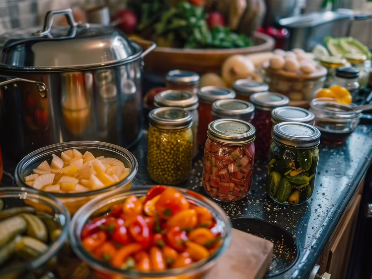 canning equipment, canned goods, and fresh produce on kitchen counter.