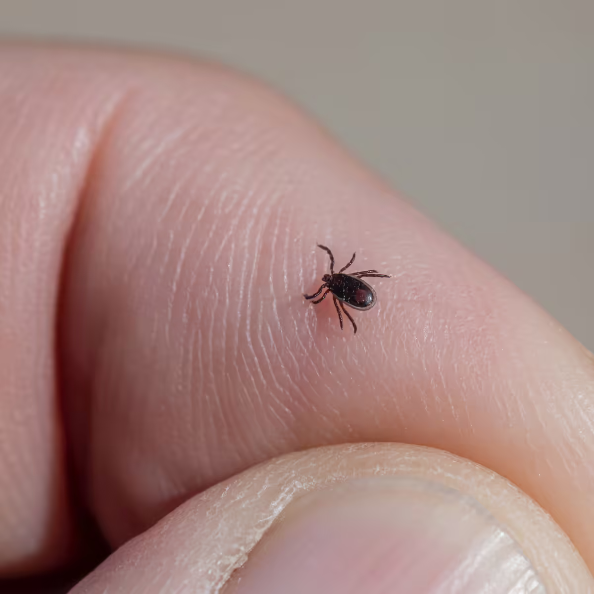 a closeup of a small tick walking on a person's hand