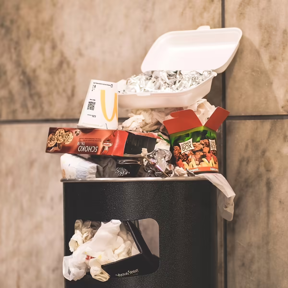 food in garbage can