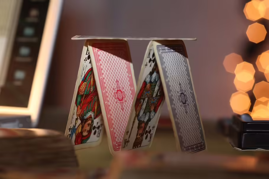 playing cards set up to start building a card tower
