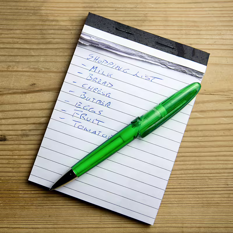 pad of paper and pen with grocery list