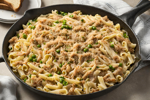 Tuna noodle skillet with peas and breadcrumbs