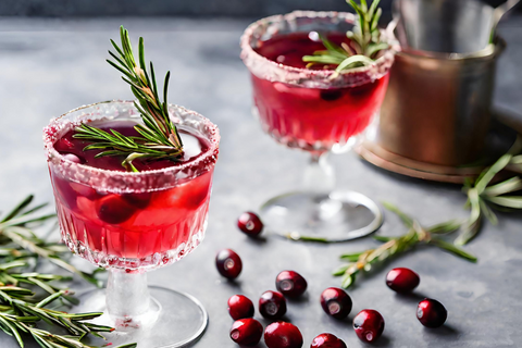 Cranberry mocktails with cranberries and rosemary sprigs