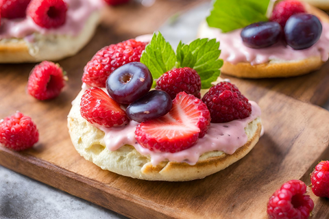 english muffin with strawberry cream cheese topped with strawberries, raspberries, and grapes