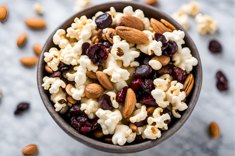 trail mix with popcorn, cashews, almonds, chocolate, and cherries
