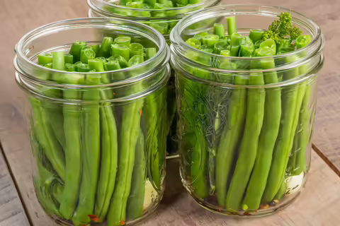 freshly washed and cut green beans prepper for canning in glass jars with garlic and fresh dill