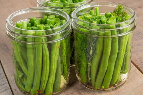 freshly washed and cut green beans prepper for canning in glass jars with garlic and fresh dill
