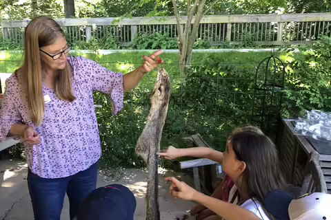 A woman holds an animal fur and children point at it