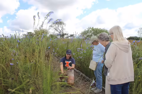 A woman in a prairie talks to others