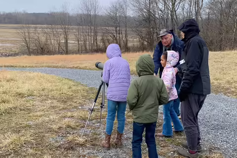 People on a nature path look for birds with a binocular