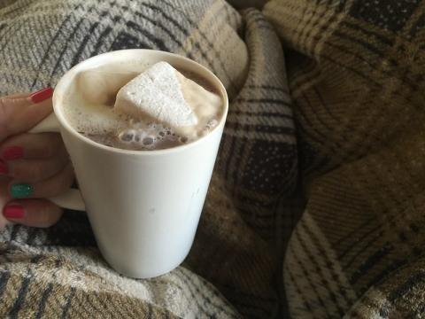 hand holding white mug of hot cocoa with marshmallow plaid blanket in background