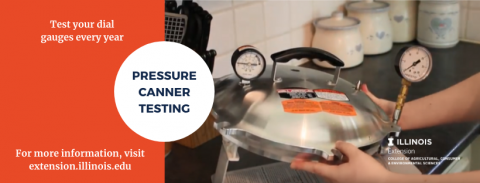 a pressure canner with orange background and pressure canner testing text