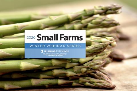 Asparagus background. White and blue text box with 2020 Small Farms Winter Webinar Series.