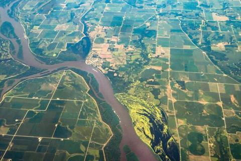 aerial view of Mississippi river and farmland 