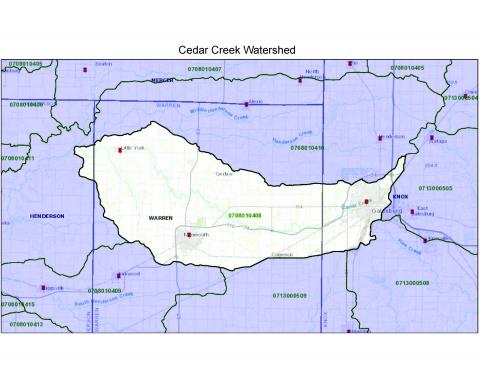 map of the cedar creek watershed spanning from knox county through warren county and into henderson county