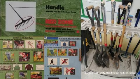 ""classroom posters demonstrating tool safety- handles up, red zone down