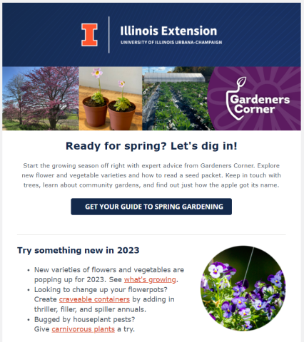 Screenshot of Gardeners Corner with photos of trees, purple flowers in a pot, and hoop house with garden rows of green plants.